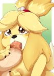  2018 animal_crossing anthro areola balls breasts canine digital_media_(artwork) disembodied_penis dog duo female hi_res human human_on_anthro humanoid_penis interspecies isabelle_(animal_crossing) male male/female mammal nintendo oral penis rainbowscreen sex shih_tzu solo_focus vein video_games 