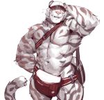  2016 anthro bag baseball_cap biceps eyes_closed fanny_pack feline fur grey_fur grey_stripes hand_behind_head hat male mammal messenger_bag mostly_nude muscular muscular_male navel null-ghost pecs pink_nose simple_background smile snow_tiger solo striped_fur stripes teeth tiger white_background white_fur white_tiger 