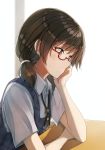  brown_eyes brown_hair chin_rest closed_mouth desk fumei_(mugendai) glasses jewelry low_twintails pendant red-framed_eyewear semi-rimless_eyewear short_sleeves solo touhou twintails under-rim_eyewear upper_body usami_sumireko 