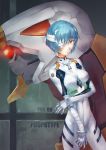  ayanami_rei azomo bandaged_arm bandages bangs blue_hair bodysuit breasts closed_mouth commentary contrapposto covered_navel eva_00 eyepatch highres looking_at_viewer medical_eyepatch medium_breasts neon_genesis_evangelion one_eye_covered red_eyes solo standing white_bodysuit 