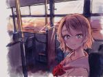  blue_eyes bow bowtie bus_interior dusk grey_hair grin light_blush looking_back love_live! love_live!_sunshine!! ocean ogi_(sham00) red_neckwear school_uniform seat serafuku short_hair smile solo upper_body uranohoshi_school_uniform watanabe_you window 