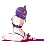  ankle_ribbon ass back barefoot barefoot_sandals bob_cut chan_co closed_eyes commentary_request eyeshadow fate/grand_order fate_(series) from_behind horns makeup mouth_hold oni oni_horns purple_hair ribbon self_hug short_hair shuten_douji_(fate/grand_order) simple_background sitting solo white_background yokozuwari 