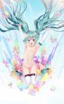  :o abstract_background aqua_eyes aqua_hair armpits arms_up bangs blue_background blush boots bouquet breasts cleft_of_venus collarbone detached_sleeves eyebrows_visible_through_hair fingernails floating_hair flower full_body green_nails hair_between_eyes hair_ornament hatsune_miku highres jumping knees_together_feet_apart long_hair long_sleeves looking_at_viewer magical_mirai_(vocaloid) nail_polish navel nipples nude open_mouth outstretched_arms puririn pussy round_teeth sleeves_past_wrists small_breasts solo teeth thigh_boots thigh_gap thighhighs twintails upper_teeth very_long_hair vocaloid white_footwear white_legwear 
