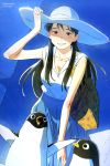  absurdres arai_youjirou bag bird black_eyes black_hair blue_skirt blush breasts cleavage collarbone day grin hand_on_headwear hat highres long_hair looking_at_viewer medium_breasts newtype official_art onee-san_(penguin_highway) penguin penguin_highway scan shoulder_bag skirt sky smile sun_hat sweat 