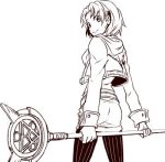  asatsuki_kamo breasts cecilia_lynne_adelhyde coat commentary_request denim earrings greyscale holding holding_weapon jacket jeans jewelry lowres medium_hair monochrome pants pantyhose simple_background skirt sleeve_cuffs solo staff striped striped_legwear vertical-striped_legwear vertical_stripes wand weapon white_background wild_arms wild_arms_1 