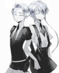  androgynous cairngorm_(houseki_no_kuni) colored_eyelashes gem_uniform_(houseki_no_kuni) ghost_quartz_(houseki_no_kuni) hair_over_one_eye houseki_no_kuni looking_at_viewer multiple_others nao_(necomugi) necktie short_hair short_hair_with_long_locks silver_eyes silver_hair suspenders thick_eyebrows white_background white_eyes white_hair 