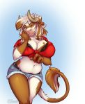  2018 3_fingers amber_eyes anthro big_breasts blonde_hair bovine breasts clothed clothing cutoffs denim_shorts digital_media_(artwork) female hair looking_at_viewer mammal midriff navel shariea shorts simple_background smile solo tauren video_games warcraft 