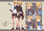  1girl absurdres angry asymmetrical_hair blonde_hair character_name character_sheet earrings eyes_closed female gloves grin happy highres jewelry knife necktie open_mouth original red_eyes reiga_(act000) short_hair short_shorts shorts smile solo standing weapon 