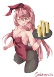  ;d akashi_(kantai_collection) animal_ears black_legwear blush breasts bunny_ears bunny_girl bunny_tail bunnysuit commentary_request ebifurya eyebrows_visible_through_hair fake_animal_ears fake_tail hair_between_eyes hair_ribbon highres kantai_collection leotard long_hair looking_at_viewer medium_breasts one_eye_closed open_mouth pantyhose pink_eyes pink_hair ribbon simple_background smile solo strapless strapless_leotard tail tray tress_ribbon twitter_username white_background 