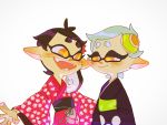  2girls :&gt; :d animal_print aori_(splatoon) black_hair black_kimono closed_mouth cousins domino_mask fangs grey_hair highres hotaru_(splatoon) japanese_clothes kimono long_sleeves looking_at_another mask mole mole_under_eye multiple_girls nimae04 obi open_mouth orange_eyes pointy_ears red_kimono sash short_hair simple_background smile splatoon_(series) splatoon_1 tentacle_hair white_background wide_sleeves 