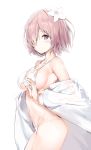  bangs bare_shoulders bikini blush breasts cleavage closed_mouth collarbone commentary eyebrows_visible_through_hair fate/grand_order fate_(series) flower hair_flower hair_ornament hair_over_one_eye hairclip hand_up highres jacket large_breasts long_sleeves looking_at_viewer looking_to_the_side mash_kyrielight navel off_shoulder pink_hair purple_eyes short_hair silver_(chenwen) simple_background smile solo swimsuit white_background white_bikini white_flower white_jacket 
