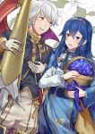  1boy 1girl :d a_meno0 basket black_neckwear blue_bow blue_eyes blue_flower blue_hair blush boots bow brown_eyes dress dutch_angle fire_emblem fire_emblem:_kakusei flower formal gloves grey_pants hair_between_eyes hairband holding holding_basket lavalliere long_hair lucina male_my_unit_(fire_emblem:_kakusei) my_unit_(fire_emblem:_kakusei) nintendo open_mouth pants polearm shiny shiny_hair silver_hair smile spear standing thigh_boots thighhighs weapon white_gloves 