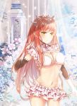  bangs bikini bikini_skirt blush breasts brown_hair cleavage closed_mouth commentary cowboy_shot detached_sleeves elbow_gloves eyebrows_visible_through_hair fate/grand_order fate_(series) flower gloves highres long_hair long_sleeves medb_(fate)_(all) medb_(fate/grand_order) medium_breasts mutang navel pink_flower short_sleeves solo standing swimsuit tiara very_long_hair white_bikini white_gloves yellow_eyes 