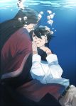  air_bubble belt black_hair blue_eyes bubble closed_eyes dress_shirt earrings hand_on_head horikawa_kunihiro hug izumi-no-kami_kanesada japanese_clothes jewelry long_hair male_focus multiple_boys shirt touken_ranbu underwater very_long_hair wide_sleeves yuzuru 