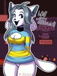  anthro bottomless breasts clothed clothing digital_media_(artwork) english_text female fur grey_hair hair hi_res invalid_tag open_mouth phantom-sugar shirt smile standing striped_clothing sweater tem temmie_(undertale) text thick_thighs undertale video_games white_fur 