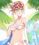  :o bangs bare_arms bare_shoulders bikini blue_eyes blue_innertube blue_nails blush breasts cleavage collarbone commentary diten eyebrows_visible_through_hair fingernails floral_print girls_frontline groin hair_between_eyes hair_bun innertube light_brown_hair medium_breasts nail_polish navel palm_tree parted_lips side_bun simple_background solo suomi_kp31_(girls_frontline) swimsuit transparent tree white_background white_bikini 