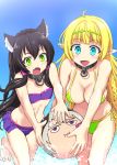  ahoge animal_ears ball beachball bikini black_hair blonde_hair blue_eyes blue_sky blush braid breasts cat_ears cleavage collar day diablo_(isekai_maou_to_shoukan_shoujo_dorei_majutsu) elf fang flat_chest green_bikini green_eyes green_hair half-closed_eyes highres isekai_maou_to_shoukan_shoujo_dorei_majutsu large_breasts long_hair multiple_girls open_mouth pointy_ears purple_bikini purple_eyes rem_galeu shera_l_greenwood sidelocks sky smile splashing swimsuit ueyama_michirou 