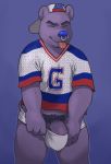  anthro bear blue_hair blue_nose bulge clothing eyes_closed fur glitter_trap_boy glitter_trap_boy_(character) hair jockstrap male mammal penis penis_base pubes purple_fur shirt solo standing t-shirt tongue tongue_out underwear 