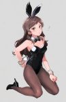  animal_ears black_footwear black_legwear black_leotard black_neckwear bow bowtie breasts brown_eyes brown_hair bunny_ears bunny_tail bunnysuit cleavage detached_collar full_body grey_background high_heels idolmaster idolmaster_million_live! kitazawa_shiho kneeling leotard long_hair medium_breasts pantyhose shirop_imas simple_background solo strapless strapless_leotard tail wavy_hair wrist_cuffs 