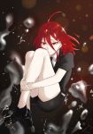  ahoge androgynous angrygentle colored_eyelashes crying crying_with_eyes_open crystal_hair full_body gem_uniform_(houseki_no_kuni) hair_between_eyes highres houseki_no_kuni knees_up leg_hug long_bangs mercury red_eyes red_hair sad shinsha_(houseki_no_kuni) short_hair solo sparkle tears 