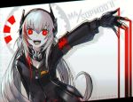  commentary fangs girls_frontline headphones kky long_hair m4_sopmod_ii_(girls_frontline) mechanical_hand multicolored_hair open_mouth pale_skin red_eyes red_hair solo teeth very_long_hair white_hair zipper 