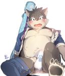  belly blush canine clothing dog erection fundoshi japanese_clothing m_ikky male mammal melee_weapon moritaka mostly_nude navel nervous nipples pawpads slightly_chubby sword tenting tokyo_afterschool_summoners underwear weapon 