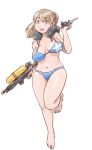  aircraft airplane barefoot bikini blue_bikini blue_eyes breasts brown_hair commentary_request full_body highres intrepid_(kantai_collection) kantai_collection karasu_(naoshow357) large_breasts navel neck_pillow ponytail short_hair simple_background solo super_soaker swimsuit water_gun white_background 