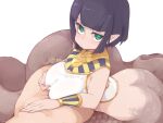  1boy 1girl ass bangs black_hair blunt_bangs bracelet breasts egyptian_clothes frfr green_eyes hand_on_another&#039;s_stomach hetero highres implied_paizuri jewelry lamia large_breasts looking_at_viewer monster_girl navel original paizuri pointy_ears self_fondle short_hair sidelocks simple_background smile usekh_collar white_background 