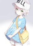  bag bangs baseball_cap blue_shirt blush capriccio closed_mouth clothes_writing commentary_request cosplay dated english eyebrows_visible_through_hair facial_scar fate/grand_order fate_(series) gradient gradient_background green_eyes grey_background hair_between_eyes hat hataraku_saibou headwear_writing jack_the_ripper_(fate/apocrypha) looking_at_viewer platelet_(hataraku_saibou) platelet_(hataraku_saibou)_(cosplay) scar scar_across_eye scar_on_cheek shirt short_hair short_shorts short_sleeves shorts shoulder_bag signature smile solo translation_request white_background white_hair white_hat white_shorts you_work_you_lose 