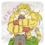  anthro biceps clothing crush feline grin handwraps hug human human_on_anthro interspecies loincloth magan male male/male mammal minimumtkg muscular muscular_male pecs size_difference smile struggling tiger tokyo_afterschool_summoners 