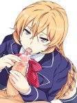  1boy 1girl blonde_hair cafekun erection hair_between_eyes looking_at_viewer nakiri_erina open_mouth penis pov purple_eyes school_uniform shokugeki_no_souma simple_background thighhighs white_background 