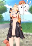  abigail_williams_(fate/grand_order) arms_at_sides ass_visible_through_thighs balloon bandaid bandaid_on_forehead bangs black_bow black_jacket black_panties blonde_hair blue_sky blush bow breasts bridge cloud collarbone commentary_request cowboy_shot crossed_bandaids dated day eyebrows_visible_through_hair eyes_visible_through_hair fate/grand_order fate_(series) fou_(fate/grand_order) fujimaru_ritsuka_(female) hair_bow hair_bun heroic_spirit_traveling_outfit holding holding_balloon holding_stuffed_animal jacket long_sleeves looking_at_viewer medjed navel no_bra open_clothes open_jacket open_mouth orange_bow outdoors panties parted_bangs polka_dot polka_dot_bow ppshex riyo_(lyomsnpmp)_(style) road shiny shiny_skin signature sky sleeves_past_wrists small_breasts standing street stuffed_animal stuffed_toy teddy_bear tree underwear 