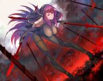  bent_over bodysuit breasts dual_wielding fate/grand_order fate_(series) flower gae_bolg hair_intakes hanging_breasts highres holding holding_weapon large_breasts long_hair looking_at_viewer pauldrons polearm purple_bodysuit purple_hair red_eyes scathach_(fate)_(all) scathach_(fate/grand_order) shoulder_armor smile spear spider_lily tea_sly veil weapon 