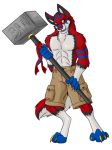  2010 amocin anthro banhammer canine chase_(character) clothed clothing digital_media_(artwork) fangs fur hammer male mammal open_mouth paws shorts tools wolf 