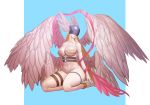 angel angel_wings angewomon anklet asymmetrical_clothes bare_shoulders belt blonde_hair blue_background breasts cleavage covered_eyes covered_nipples curvy detached_collar detached_sleeves digimon dlckdgns851 feathers head_wings helmet highres jewelry large_breasts long_hair looking_down multiple_wings navel open_mouth ribbon seiza sitting solo thick_thighs thigh_strap thighs very_long_hair wings 