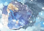  artoria_pendragon_(all) azomo blonde_hair blue_dress breasts cleavage_cutout closed_mouth commentary dancing dress fate/stay_night fate_(series) hair_down hand_on_own_chest juliet_sleeves long_dress long_hair long_sleeves puffy_sleeves saber small_breasts smile snow snowing solo standing 