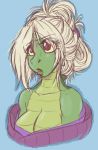  animal_humanoid anthro avencri big_breasts blonde_hair blue_background breasts bust_portrait cela cleavage clothed clothing crocodile crocodilian eyelashes female hair humanoid lips portrait red_eyes reptile scalie simple_background solo yellow_sclera 