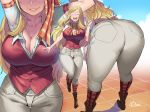  armpits ass bangs bent_over blonde_hair boku_no_hero_academia boots breasts buttons cleavage collared_shirt commentary_request curvy day glasses grey_pants large_breasts lips long_hair looking_at_viewer melissa_shield multiple_views obui open_mouth outdoors pants plaid shiny shiny_hair shiny_skin shirt standing teeth 