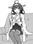  ahoge boots commentary_request couch cup detached_sleeves double_bun feet_out_of_frame greyscale hairband headgear japanese_clothes kantai_collection kongou_(kantai_collection) long_hair looking_at_viewer monochrome nakaaki_masashi nontraditional_miko ribbon-trimmed_sleeves ribbon_trim saucer sitting solo teacup thigh_boots thighhighs 