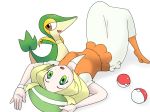  bel_(pokemon) blonde_hair breasts commentary_request dress gen_5_pokemon green_hat hat jacket looking_at_viewer lying medium_hair on_back pantyhose poke_ball poke_ball_(generic) pokemon pokemon_(creature) pokemon_(game) pokemon_bw snivy sopin white_background white_dress white_wristband 