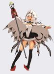  altera_(fate) alternate_costume bangs breasts brooch cleavage cloak dark_skin detached_sleeves eyebrows_visible_through_hair fate/grand_order fate_(series) full_body full_body_tattoo headdress highres holding holding_weapon hood i-pan jewelry legs magical_girl open_mouth photon_ray red_eyes red_footwear short_hair simple_background skirt small_breasts socks solo staff tan tattoo weapon white_hair white_skirt 