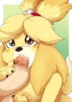  2018 animal_crossing anthro areola balls breasts canine cum cum_on_breasts digital_media_(artwork) disembodied_penis dog duo female hi_res human human_on_anthro humanoid_penis interspecies isabelle_(animal_crossing) male male/female mammal nintendo oral penis rainbowscreen sex shih_tzu solo_focus vein video_games 