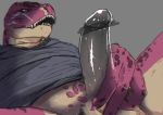  2018 agitype01 anthro blue_eyes censored claws clothed clothing digital_media_(artwork) dinosaur erection grey_background hand_on_penis hi_res ineffective_censorship male masturbation open_mouth penis precum purple_skin scalie sharp_teeth shirt simple_background slightly_chubby solo spreading teeth 
