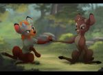  2018 bambi bambi_(film) black_bars black_lips brown_eyes brown_fur canine cervine day detailed_background digital_media_(artwork) disney duo feral fur grass green_eyes hooves horn hybrid kitchiki male mammal open_mouth outside paws smile teeth tongue 