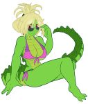  2016 3_toes 4_fingers alpha_channel anthro avencri bikini blonde_hair breasts cela clothed clothing crocodile crocodilian digital_drawing_(artwork) digital_media_(artwork) eyewear female green_body hair looking_at_viewer pink_eyes reptile scalie simple_background solo sunglasses swimsuit toes transparent_background 