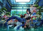  architecture bangs black_hair blue_eyes bonsai breasts bubble carnation caustics center_opening clothes_down commentary_request expressionless fish fish_tank floral_print flower fuji_choko full_body futon hair_between_eyes hair_flower hair_ornament head_fins holding holding_pipe hookah indoors japanese_clothes kimono koi looking_at_viewer mermaid monster_girl navel obi open_clothes open_kimono original pale_skin pipe plant reclining sash sayagata scales scenery skylight small_breasts solo tree tree_branch water water_drop zinnia 