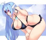  android antenna_hair bent_over bikini black_bikini blue_hair breasts cleavage cloud commentary_request criss-cross_halter day halterneck hanging_breasts headgear highres kos-mos kos-mos_re: large_breasts long_hair looking_at_viewer negresco open_mouth red_eyes sky solo swimsuit xenoblade_(series) xenoblade_2 xenosaga 