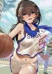  absurdres armpits ball bare_shoulders basketball basketball_court basketball_hoop basketball_jersey basketball_uniform blue_eyes blue_sky blush breasts brown_hair bsue cloud collarbone commentary_request curvy day dribbling eyebrows_visible_through_hair hair_between_eyes highres idolmaster idolmaster_cinderella_girls large_breasts long_hair navel open_mouth outdoors running sagisawa_fumika short_shorts shorts sideboob sky solo sportswear sweat sweatdrop thighs wristband 