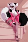  anthro breasts clothed clothing female hair hybrid legwear looking_at_viewer mammal pollo-chan sitting smile solo stockings thick_thighs undressing wide_hips 