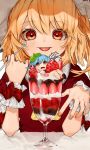  :p alternate_costume ascot bad_id bad_twitter_id bangs blonde_hair blue_hair blush bow chocolate_syrup commentary_request cup dress drinking_glass eyebrows_visible_through_hair flandre_scarlet food fruit gotoh510 hair_between_eyes hands_up hat holding holding_spoon ice_cream in_container in_cup in_food leaf leaf_on_head looking_at_viewer minigirl mob_cap multiple_girls one_side_up open_mouth red_bow red_dress red_eyes remilia_scarlet short_hair siblings sisters spoon strawberry sundae tongue tongue_out touhou upper_body white_hat wrist_cuffs yellow_neckwear 